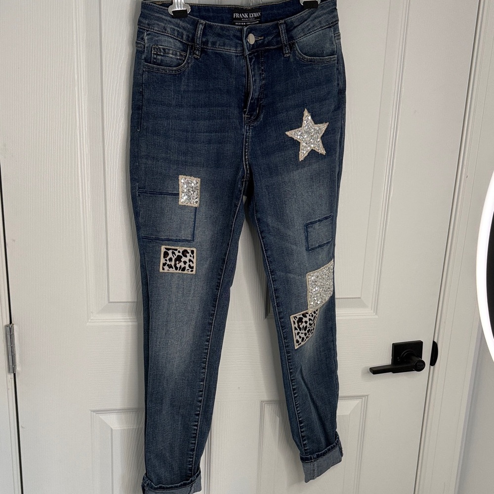 Frank Lyman Design Dark Blue Denim Jeans with Silver Glitter & Leopard Patches